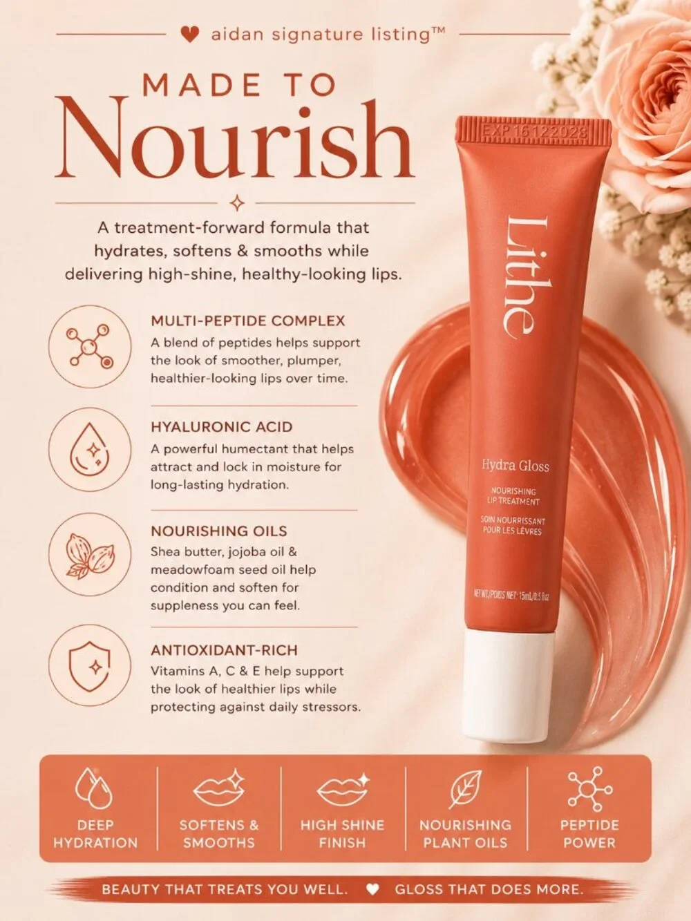 Lithe Beauty Hydra Gloss Melt Hydrating Peptide Nourishing Lip Treatment NIB